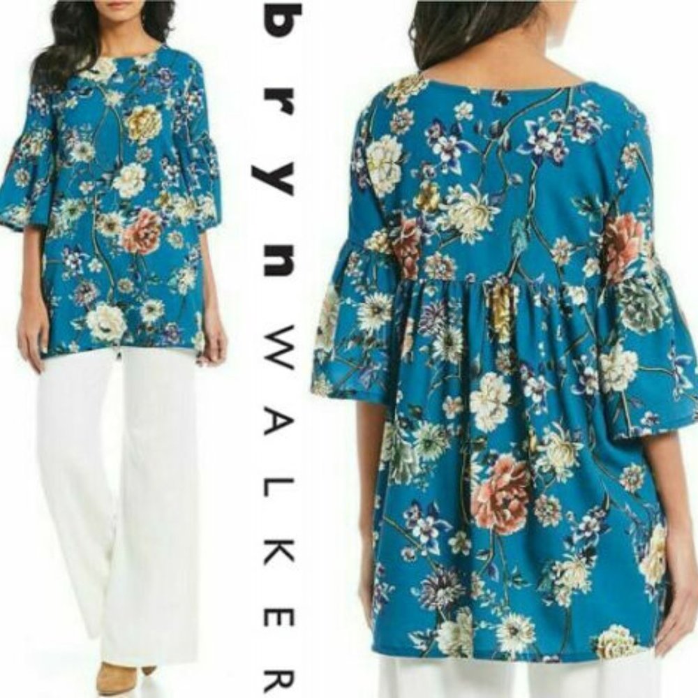 BRYN WALKER Diego TUNIC TOP M Teal Blue Floral Italian Fabric Bell Sleeves NEW